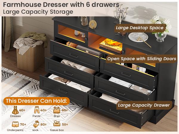Hasuit | 47.2 Inch 6 Drawer Dresser with LED Lights and Charging Station Farmhouse Chest of Drawers Closet Organizer, Clothes Storage Cabinet