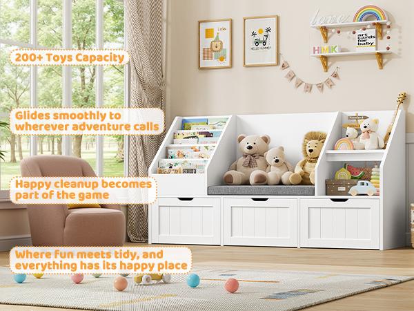 FOTOSOK 55.1'' Kids Bookshelf with Reading Nook, Toy Storage Organizer with Seat Cushion and 3 Movable Drawers, Kids Reading Nook Toy Organizers and Storage with Bench for Playroom