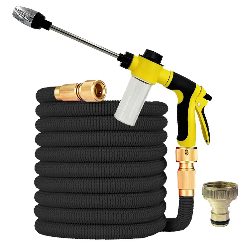 Foam Cannon Long Nozzle High Pressure Car Wash Gun, 3x Stretch Retractable Flexible Water Hose, Solid Brass Connectors for Gardening