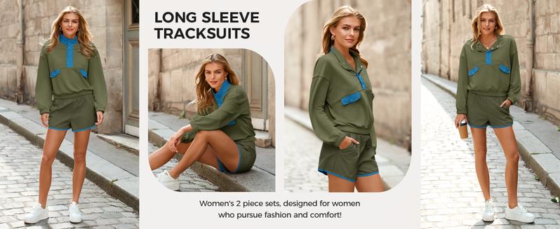 Fisoew Womens 2 Piece Outfits Sweatsuits Casual Snap Color Block Sweatshirts Running Shorts Sets Fall Loose Tracksuits FallFreshness