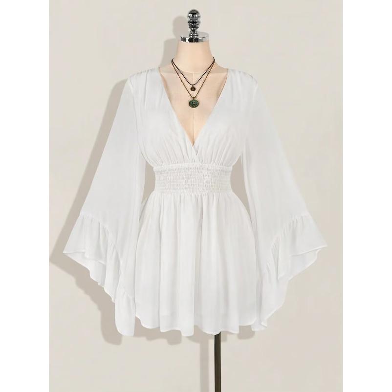 Women's Gothic Funky Peppy Ethnic Baroque Beach V-Neck PVC Mini Dress - Casual Outfit with Long Lantern Sleeves and Flared Skirt