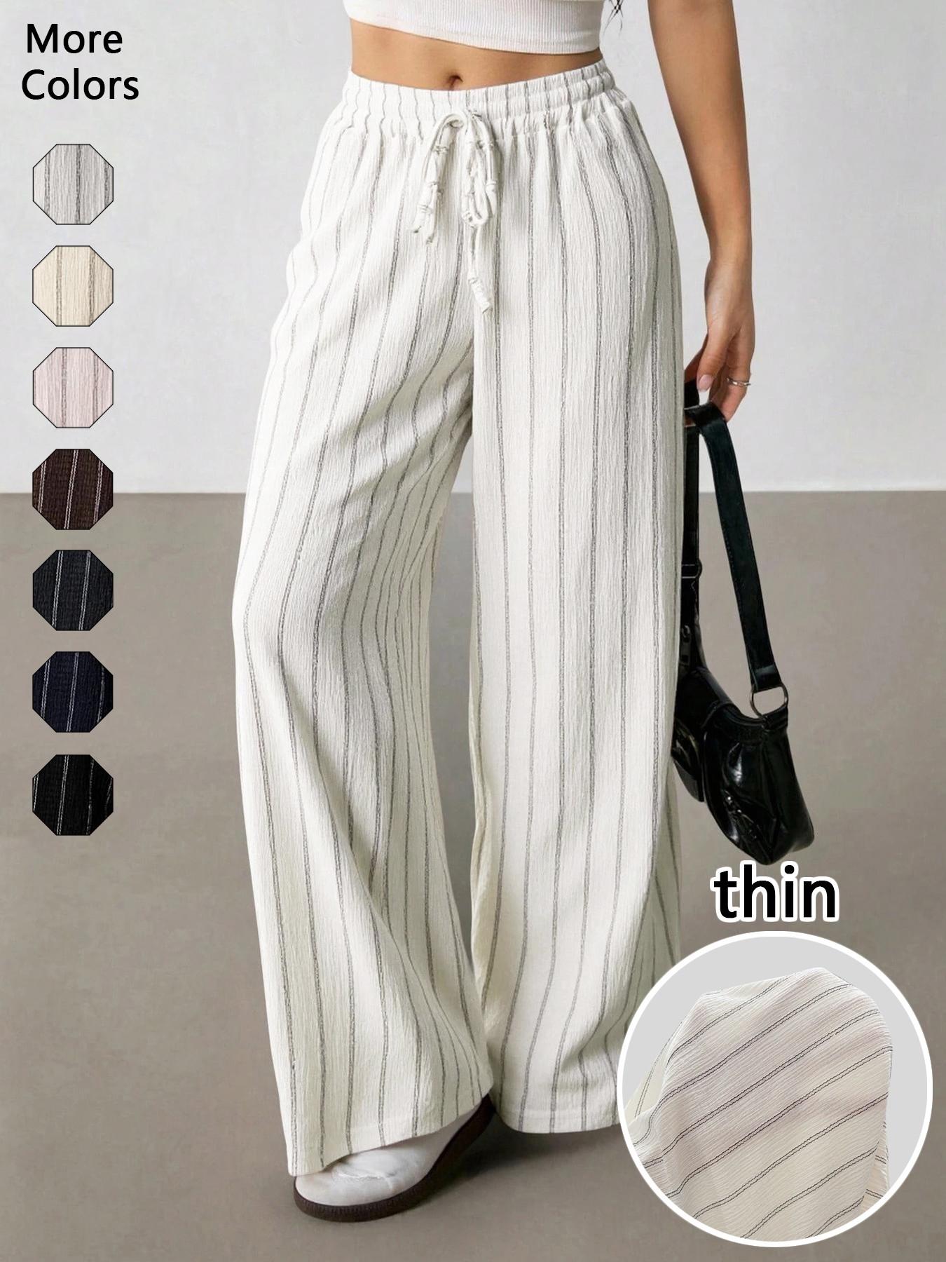 Women's Striped Waist-Tie Straight-Leg Loose Streetwear Pants, Casual Style, Moderate Fabric Thickness, All-Season Wear