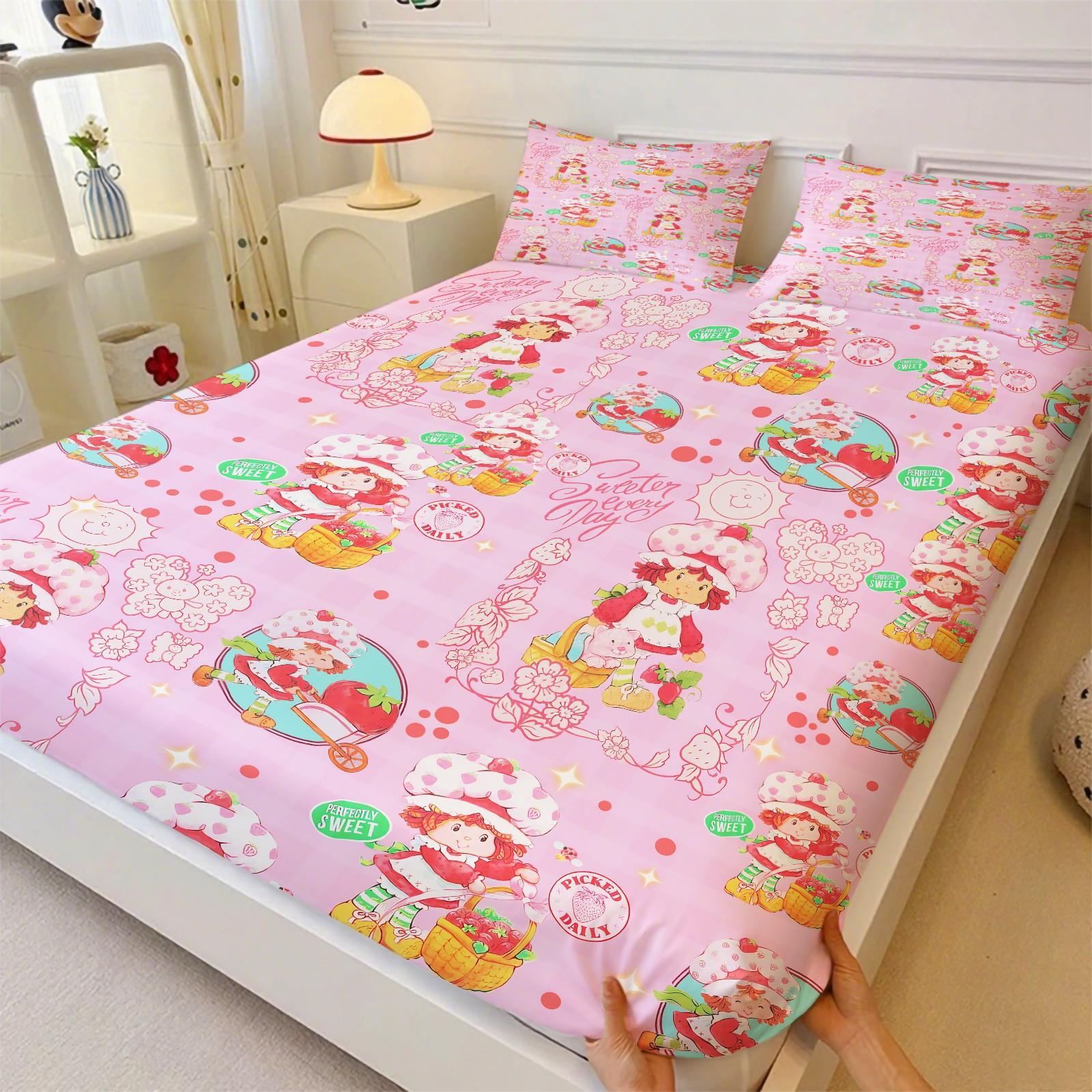 Strawberry Shortcake Gingham Fitted Sheet Set, 1 Fitted Sheet + 2 Pillowcases - 3 Pcs Soft Bedding with Deep Pocket, 360° Full Coverage, Wrinkle Free, Cute Strawberry Cartoon Bed Sheets for Girls, Full Size