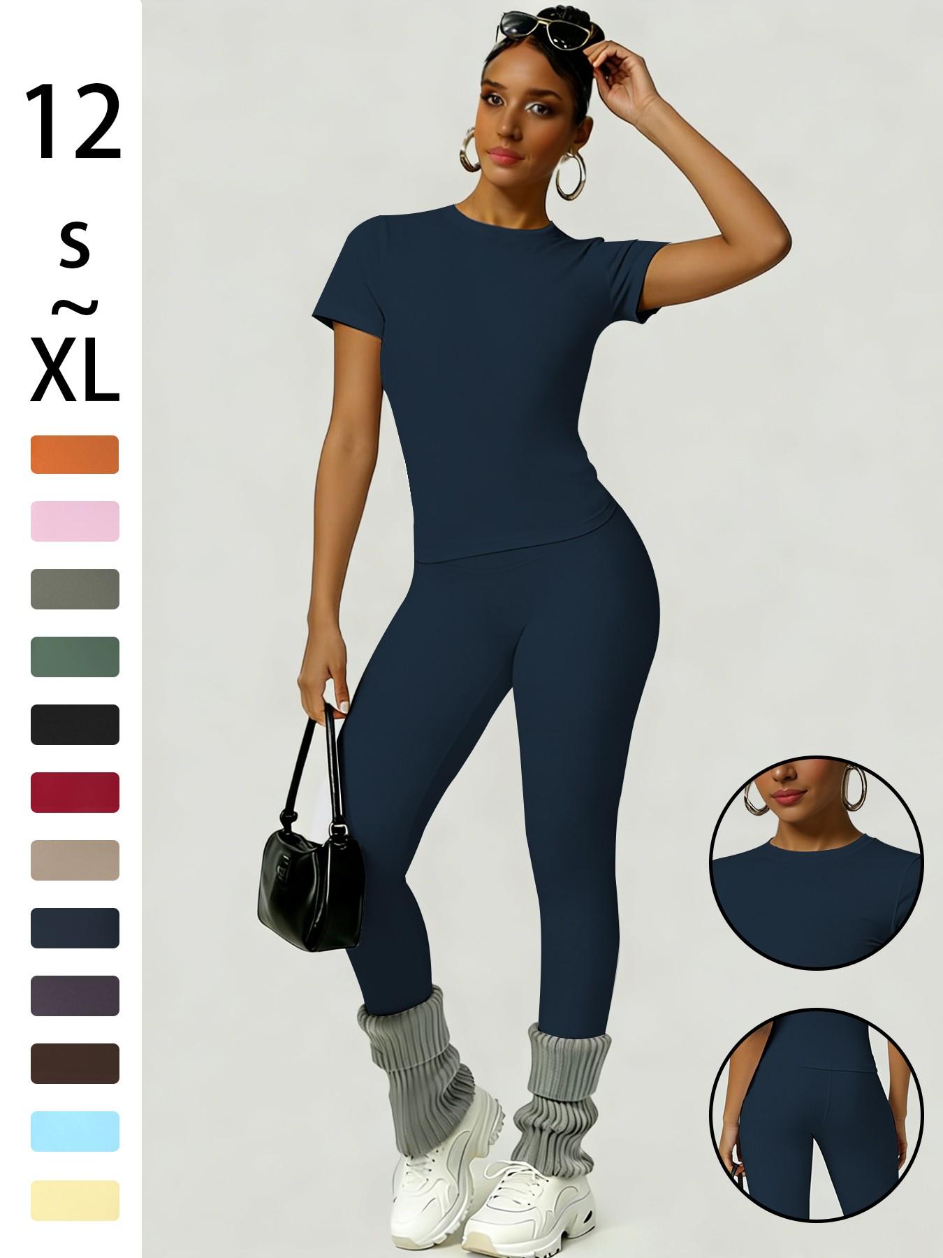 Women's Slim-Fit Round Neck Short Sleeves Top & High-Waisted Yoga Pants Sportswear Set, Ideal for Gym Running and Outdoor Activities