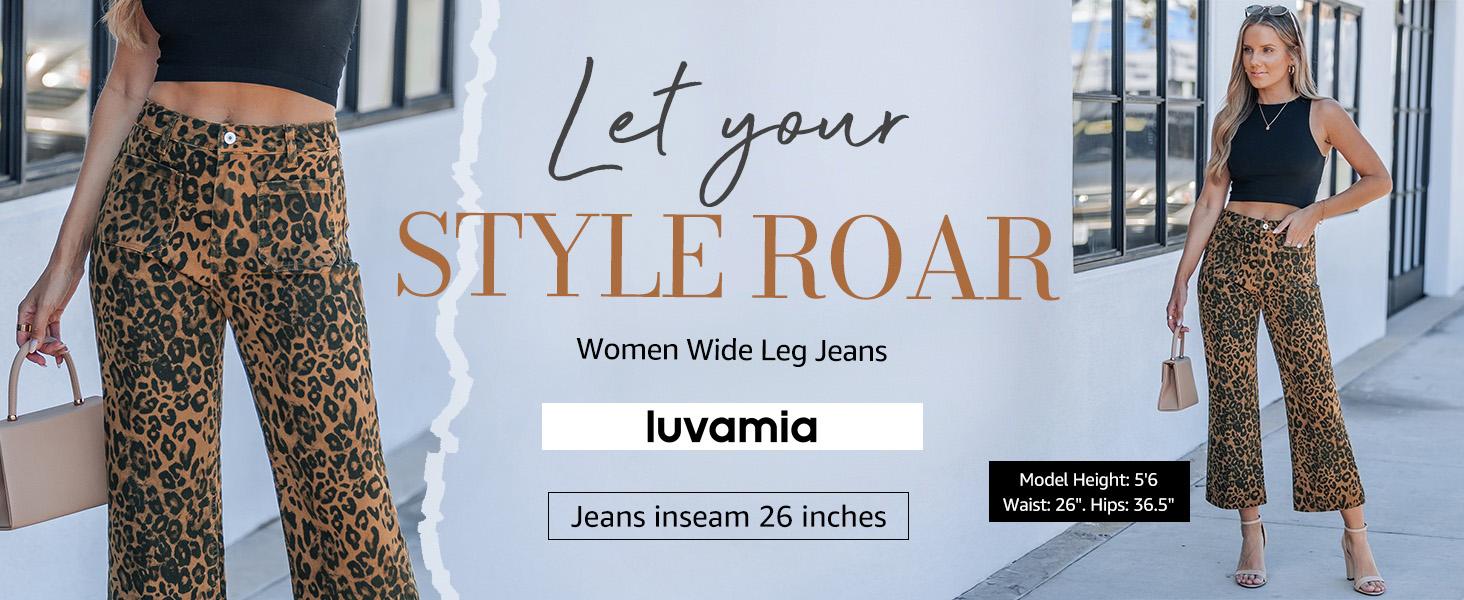 luvamia Wide Leg Jeans for Women High Waisted Leopard Cheetah Print Stretch Cropped Denim Pants Patch Pocket Flare Jeans