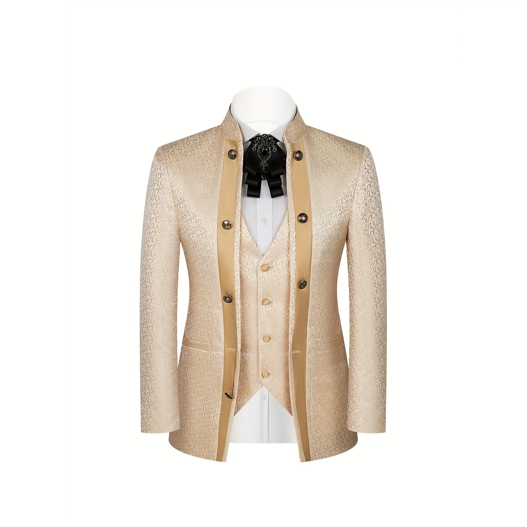 Men's Retro 3-Piece Luxury Floral Print Long-Sleeve Polyester Stand Collar Tuxedo Suit Set - Blazer, Vest, Pants Formal Wear for Wedding, Performance, Menswear, Matching, Personalized, Slim Fit, Wrinkle, Customized, Elegant, Slacks, Evening, Fabric, Fitte