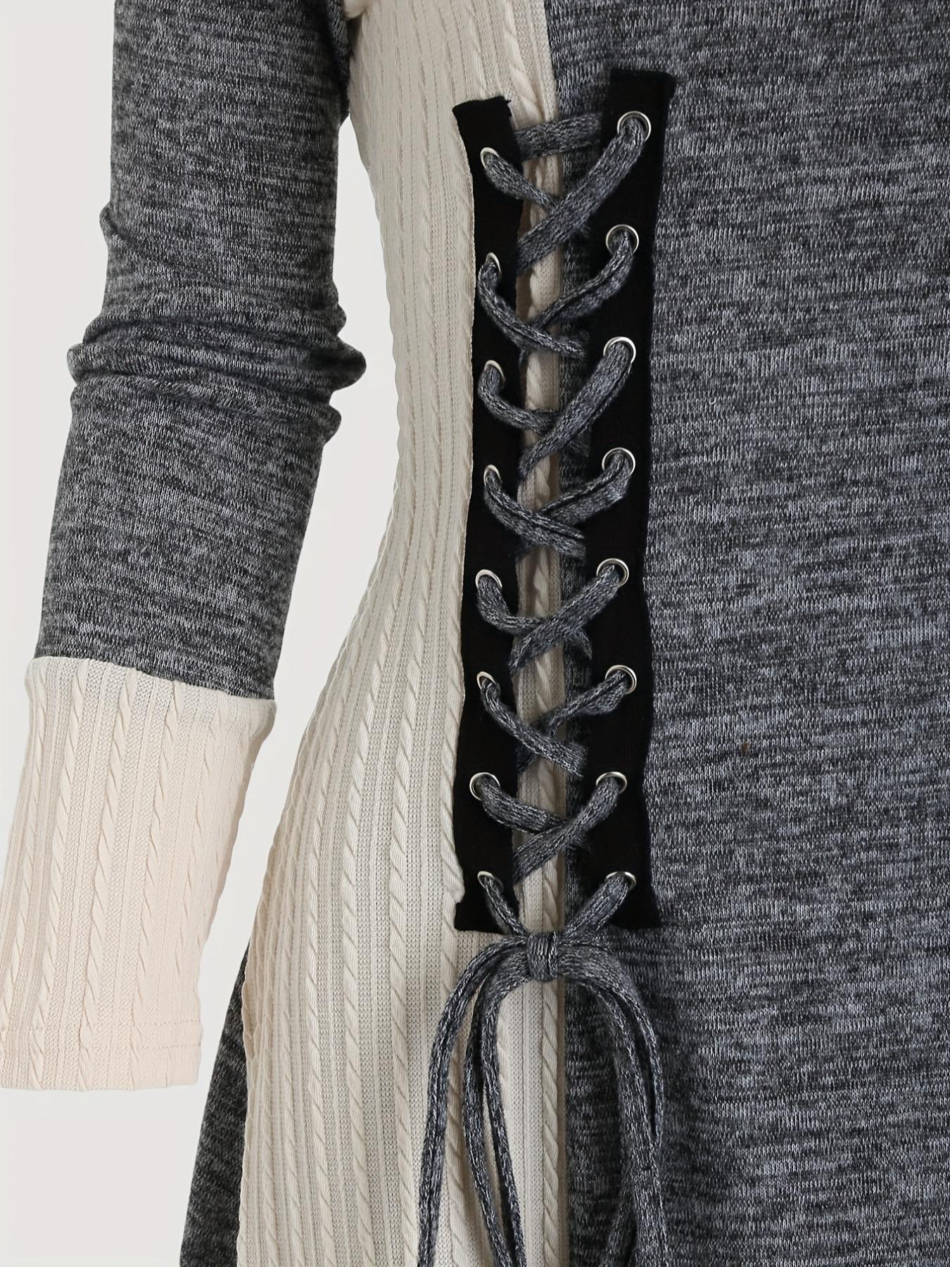 Women's Colorblock Lace Up Off Shoulder Dress, Casual Grommet Eyelet Long Sleeve A Line Dress for Fall & Winter, Women's Clothing for Daily Wear