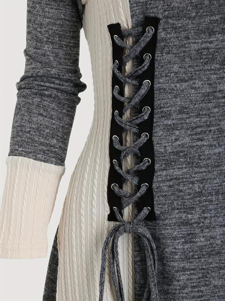 Women's Colorblock Lace Up Off Shoulder Dress, Casual Grommet Eyelet Long Sleeve A Line Dress for Fall & Winter, Women's Clothing for Daily Wear