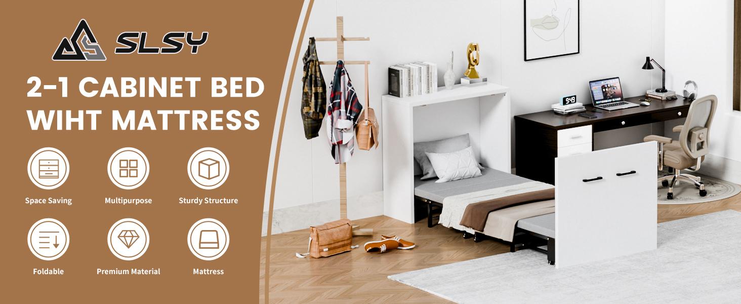 SLSY Murphy Bed with Mattress, Folded Cabinet Bed, Guest Bed Roll Away Bed Fold up Bed for Guest Bedroom, Living Room, Office,75" x 29"