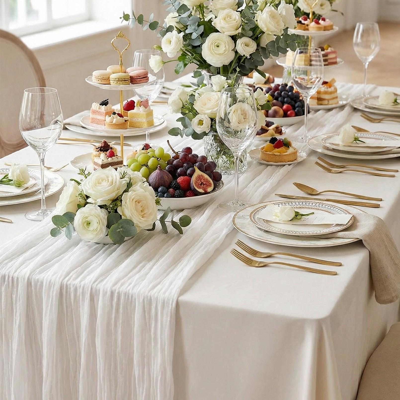 10 Pcs Sage White Table Runner Bohemian Country-Style Table Runner, Suitable for Weddings, Baby Baptism Parties and Holiday Decorations