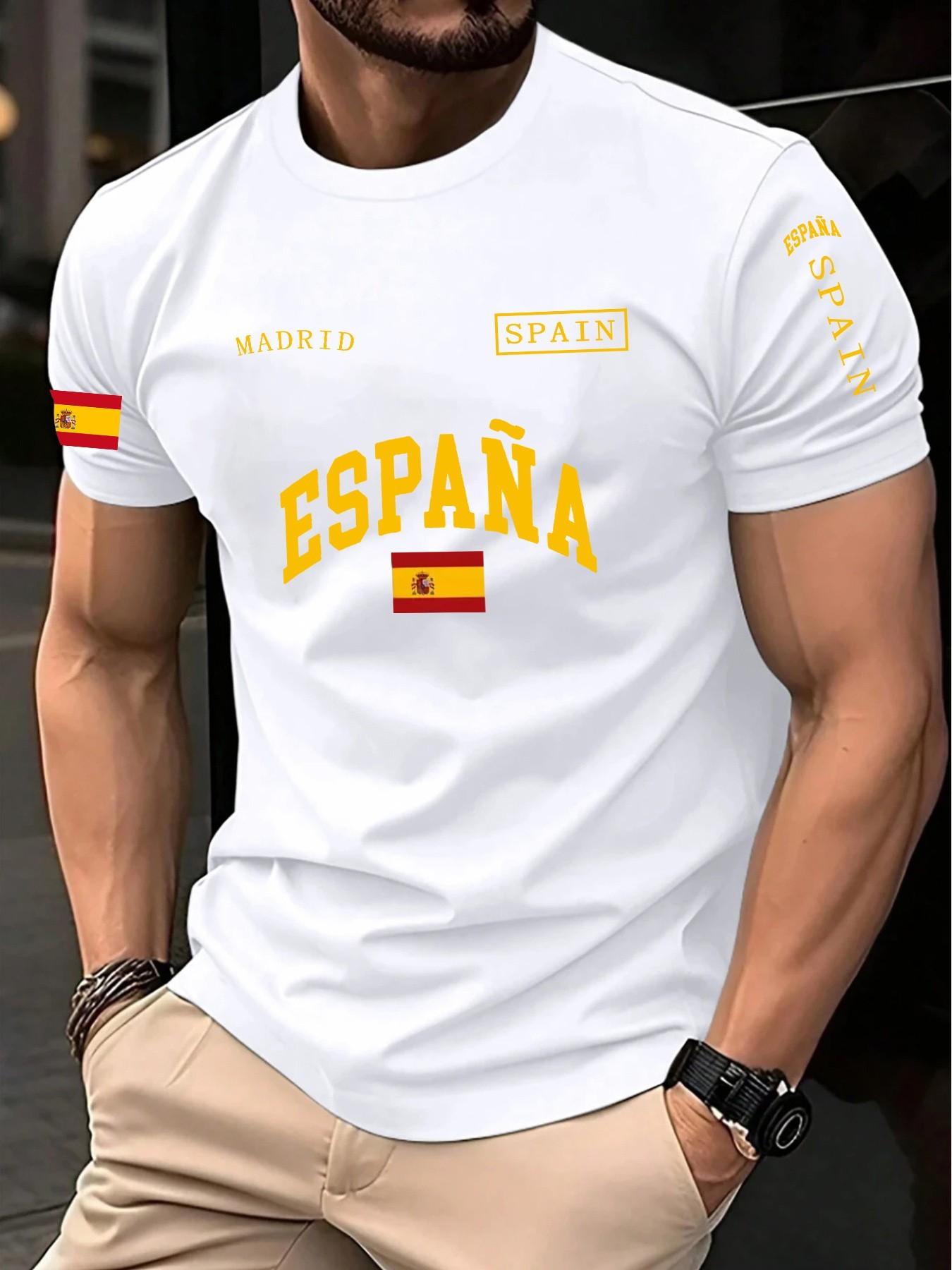 Men's Spanish Style Letter Print Short Sleeve T-Shirt, Summer New Arrival, Breathable Quick-Dry Casual Top, Streetwear Fashion