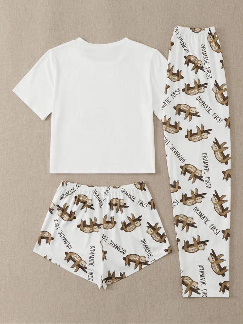 Three-Piece Set Women's Cute Cartoon Sloth Print Tee & Shorts & Pants Pyjama Set, Casual Comfy Crew Neck T-Shirt & Shorts & Trousers PJ Set, Summer Clothes Women, Summer Outfits 2024, Pajamas Lounge Set