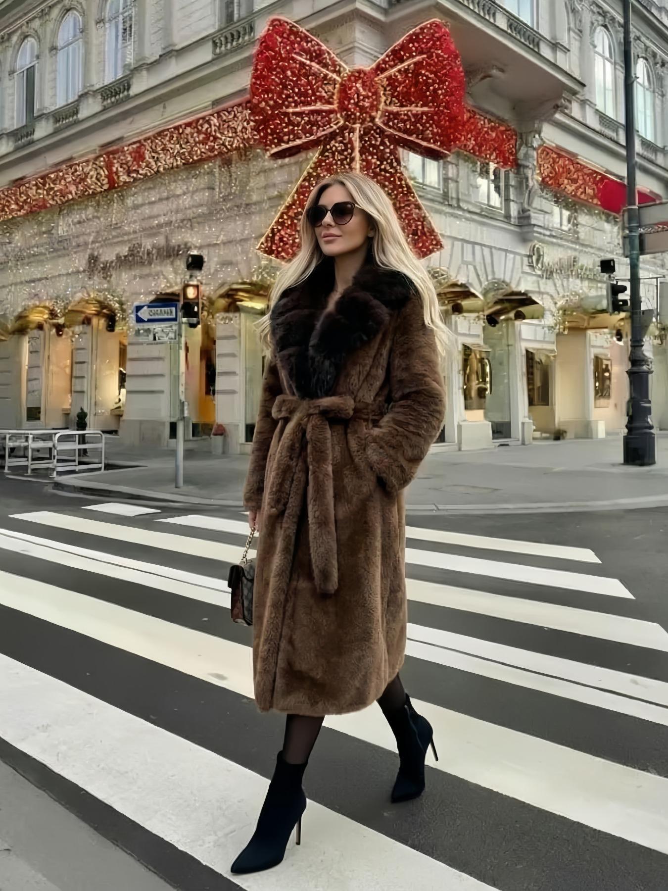 Women's Faux Fur Coat, Autumn Winter Chic Fashionable Long Sleeve Jacket, Elegant Thick Retro Loose Fit Medium-Length Outerwear