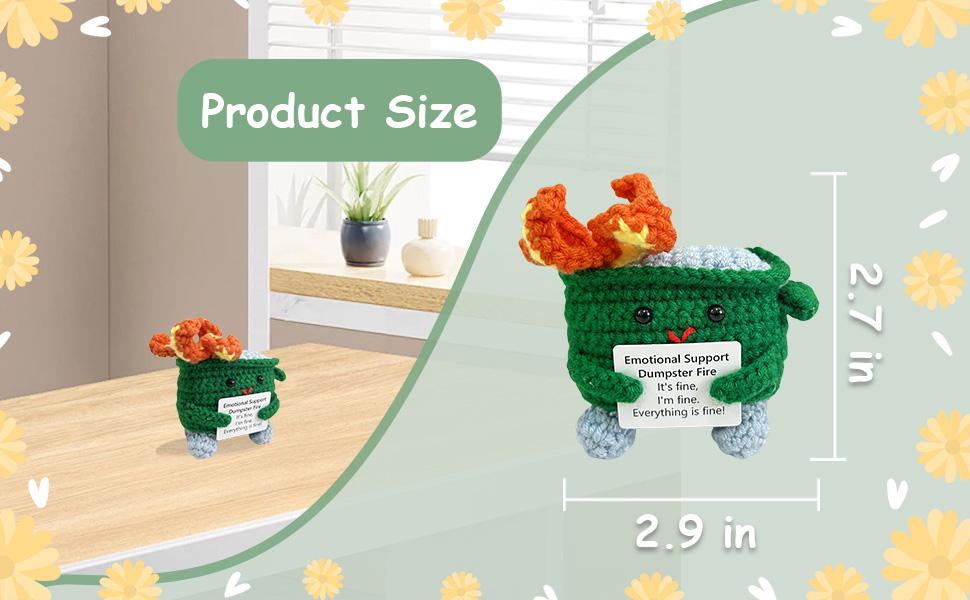 Modern Emotional Support Crochet Dumpster Fire Toy with Positive Card, Cute Green Home Decor Knitted Support Toy, Gift for Friends, Support Toys