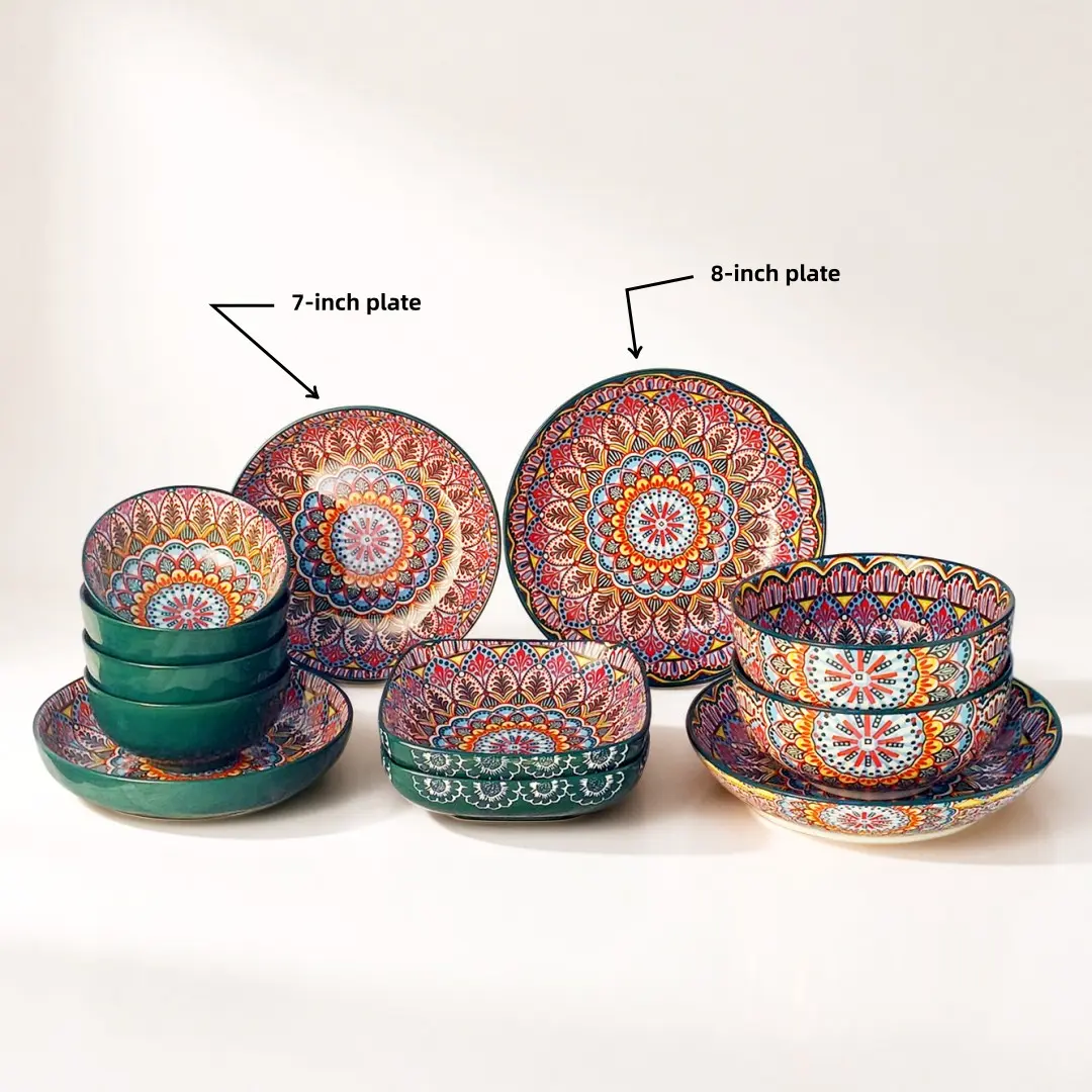 12pcs Boho Style Ceramic Dinnerware Set, Bohemian, Includes Plates, Dessert Dishes, Grain Bowls, Sushi Plate, Microwave & Dishwasher Safe, Perfect for Holidays