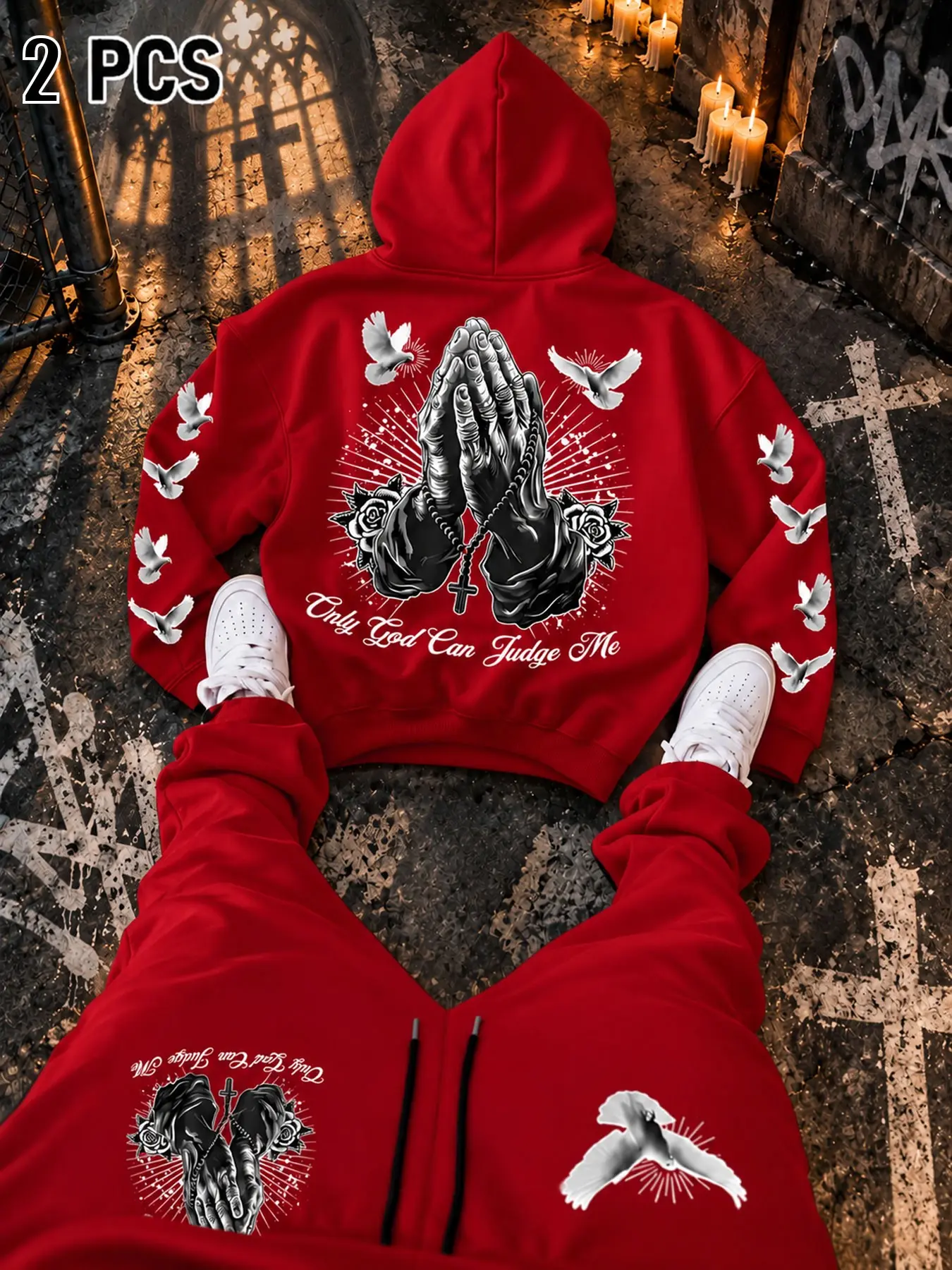 Men's High Street Unique Dove Cross Print Streetwear Sweatshirt Set, American Street Prayer Hand Letter Loose-Fit Hoodie Two-Piece Set