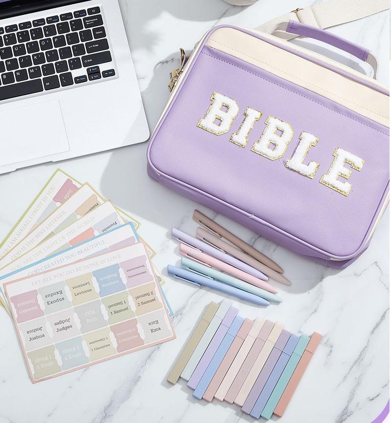 PU Leather Bible Bag for Christian Women Large Chenille Chenille Letter Bible Cover Bag Bible Journaling Kit Elegant Easter Gift for Christian Women Girls, Church Sunday Prayer bible Study Supplies, Gift for Mom