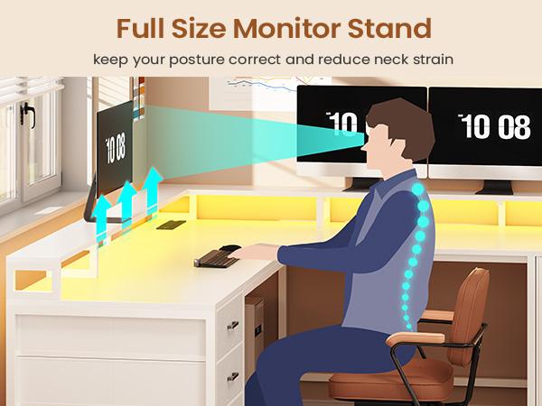 SEDETA 109 Inch L Shaped Gaming Desk with 4 Drawers Display Cabinet Computer Desks with 2 Monitor Stands CPU Stand LED Lights and Power Outlet