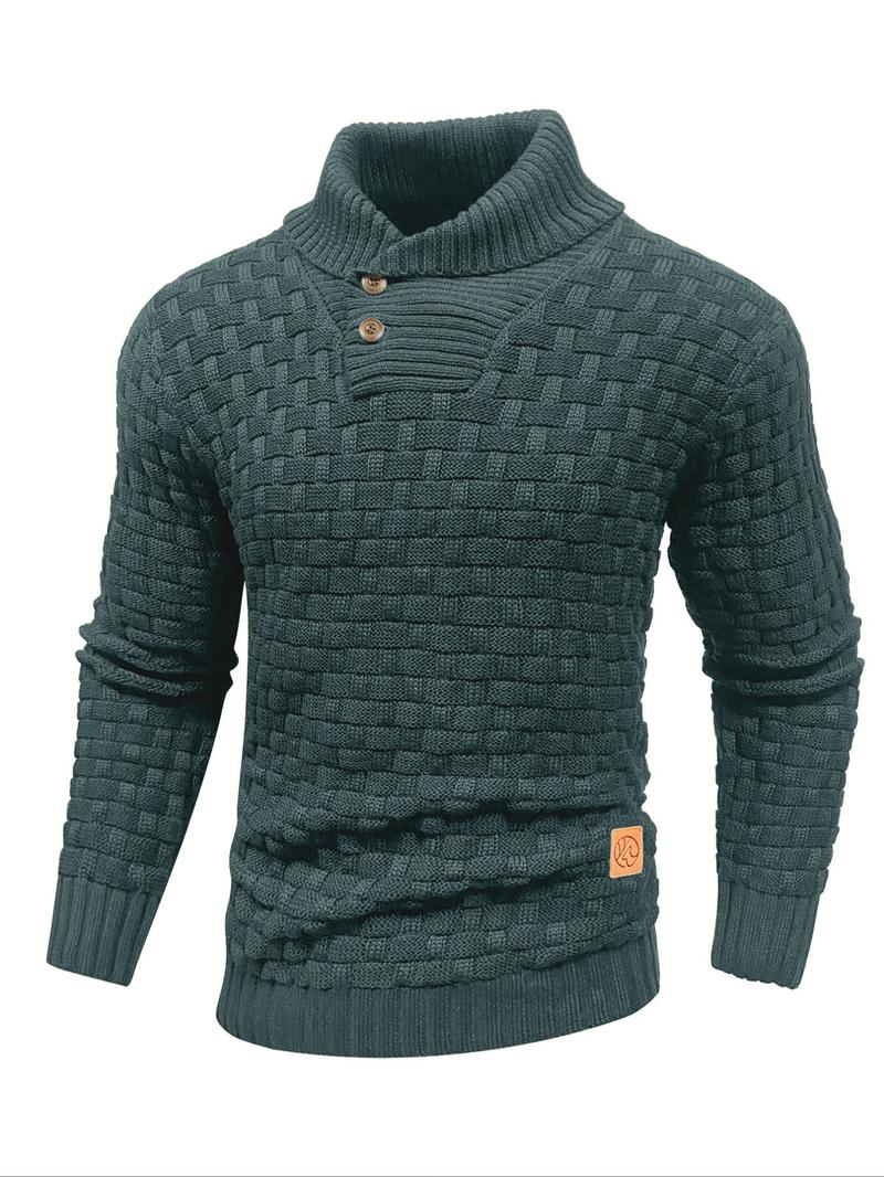 Men's Regular Textured Patched Detail Shawl Collar Sweater, Casual Long Sleeve Jumper for Fall & Winter, Fashion Men's Knitwear for Daily Wear, Longsleeves