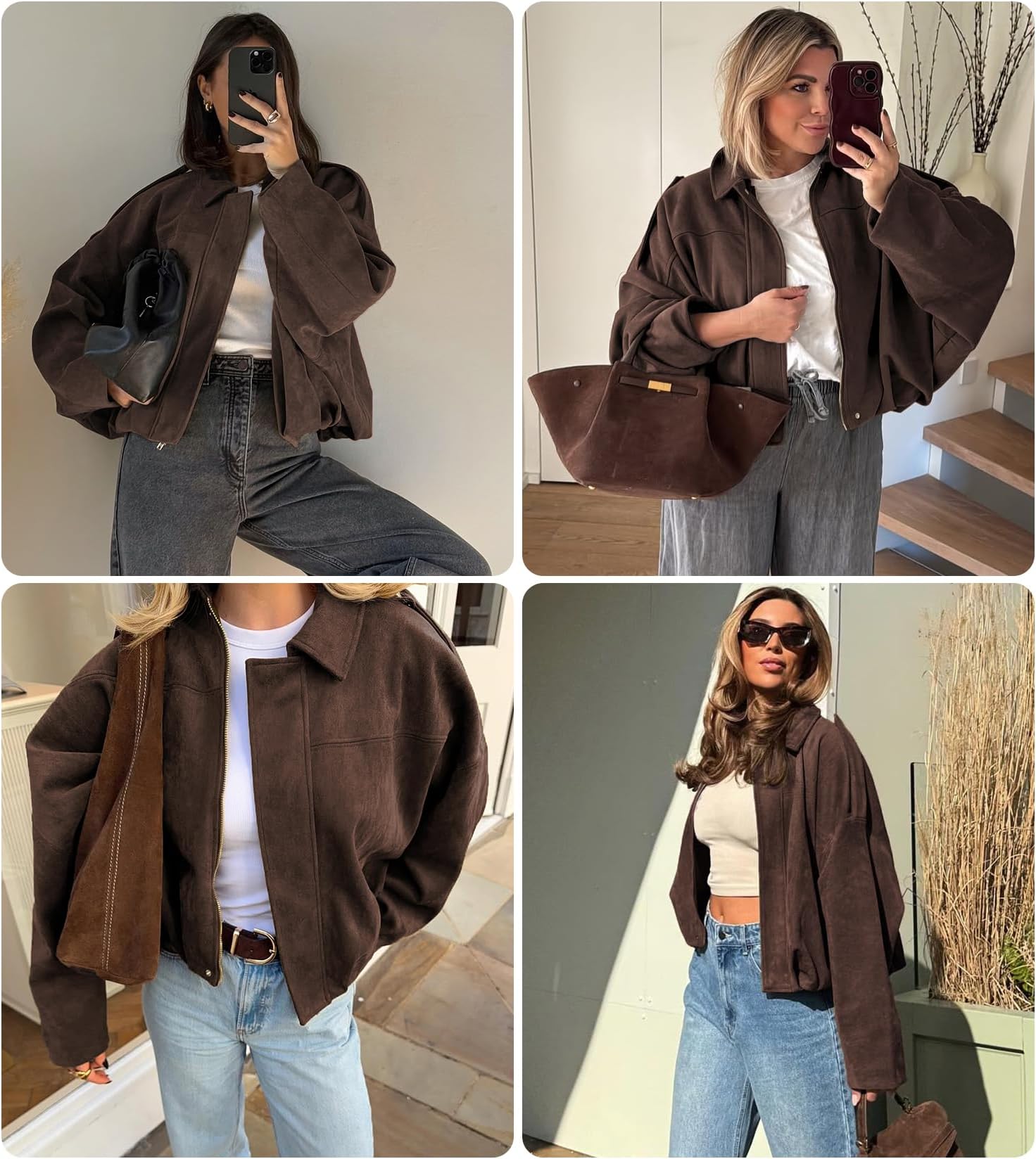 Buenoble Women's Faux Suede Bomber Jackets Cropped Fall Winter Lapel Motorcycle Coats Streetwear Outerwear with Pockets Tops Womenswear Basic Brown Casual Long Sleeve