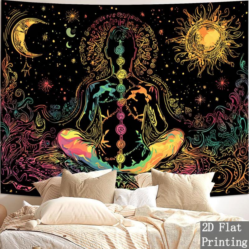 A Single Piece of Colorful 2D Flat Fabric Featuring a Spiritual Chakra And Cosmic Design, Showcasing The Chakra System. This Vibrant Wall Hanging Is Perfect for Your Living Room, Bedroom