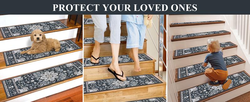 [FebruaryStockUp] HEBE Carpet Stair Runner for Wooden Steps Indoor 15 Pack 8"x30" Peel and Stick Non Slip Stair Treads Reusable Easy To Install Sturdy Cleanable for Dogs Kids and Elders