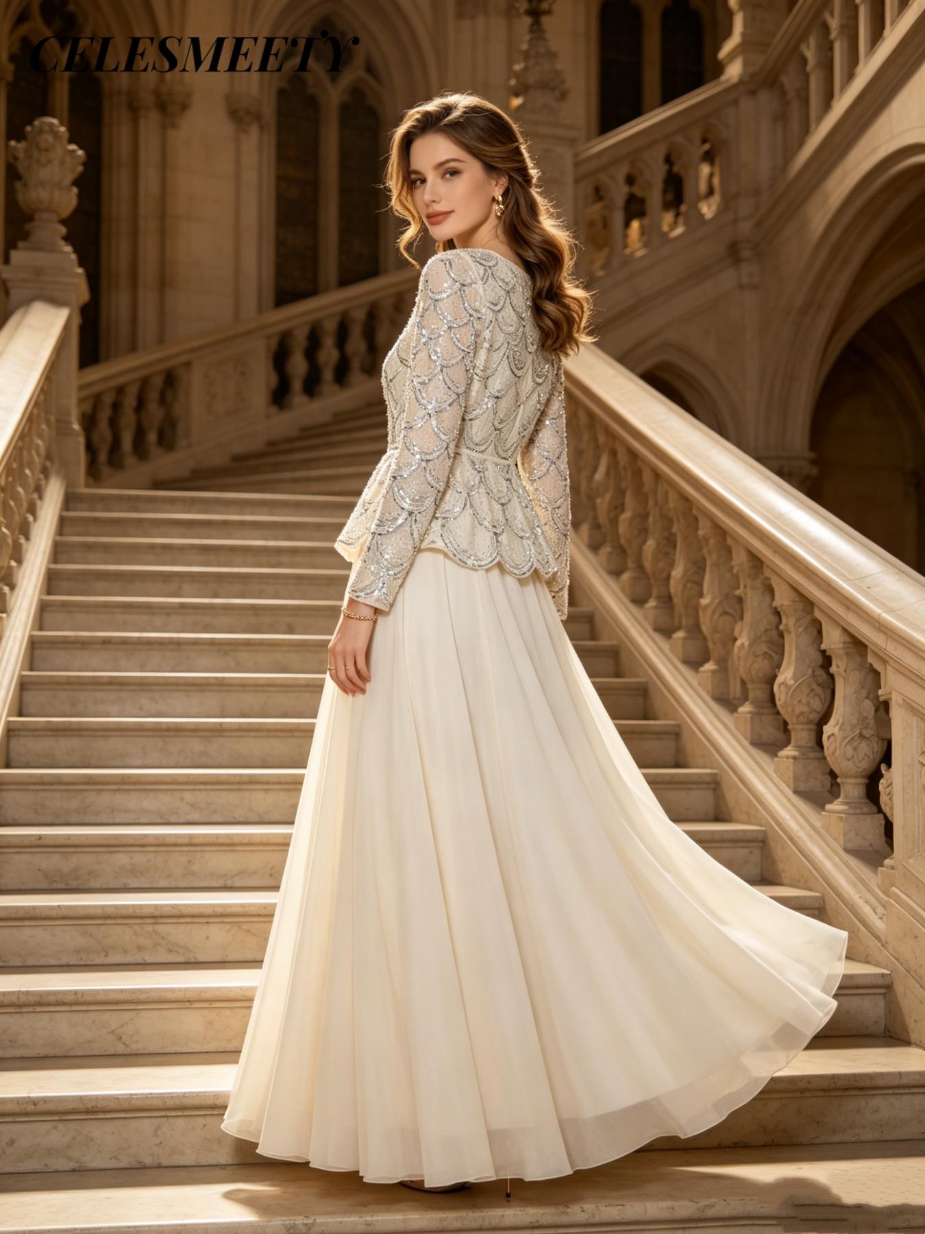 Celesmeety Women's Elegant Formal Wear Embroidered Sequin Gown Chic High Neck Sequin Long Dress, Chiffon Sheer Long Sleeve, Perfect for Wedding Guests, Graduation Dance, Dinner Party, Wedding Guest Dresses