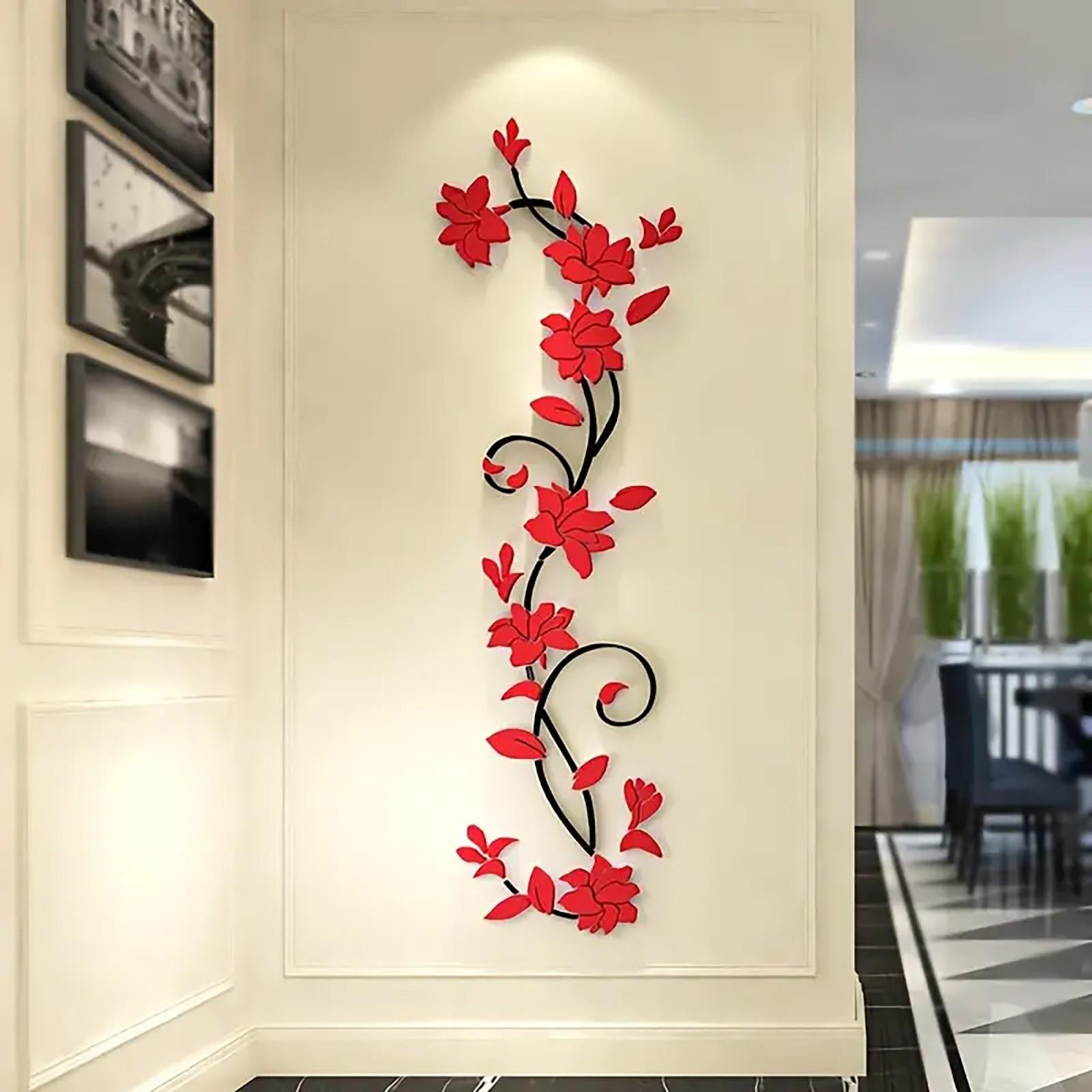Acrylic Mirror Surface DIY Floral Vine Wall Sticker, 3D Rose Self-Adhesive Removable Decor for Living Room Bedroom
