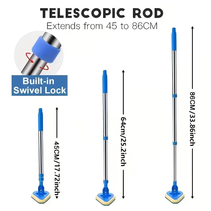 34" Extendable Tub & Tile Scrub Brush Set, 2-In-1 Shower Cleaner, Stainless Steel Handle, 3 Sponge Heads, Non-Scratch Cleaning Tool