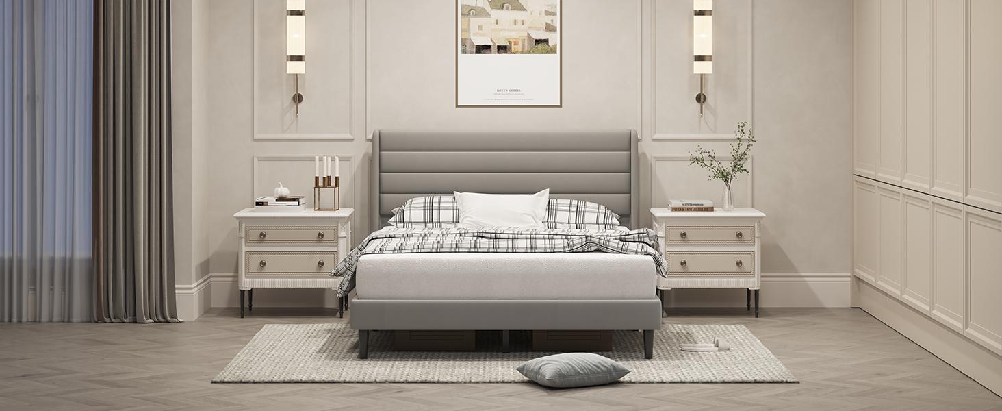 CollaredEagleQueen Bed Frame with Upholstered Headboard, Velvet Platform Bedframe Mattress Foundation, Strong Wood Slat Support, No Box Spring Needed, Easy Assembly, Pale Beige