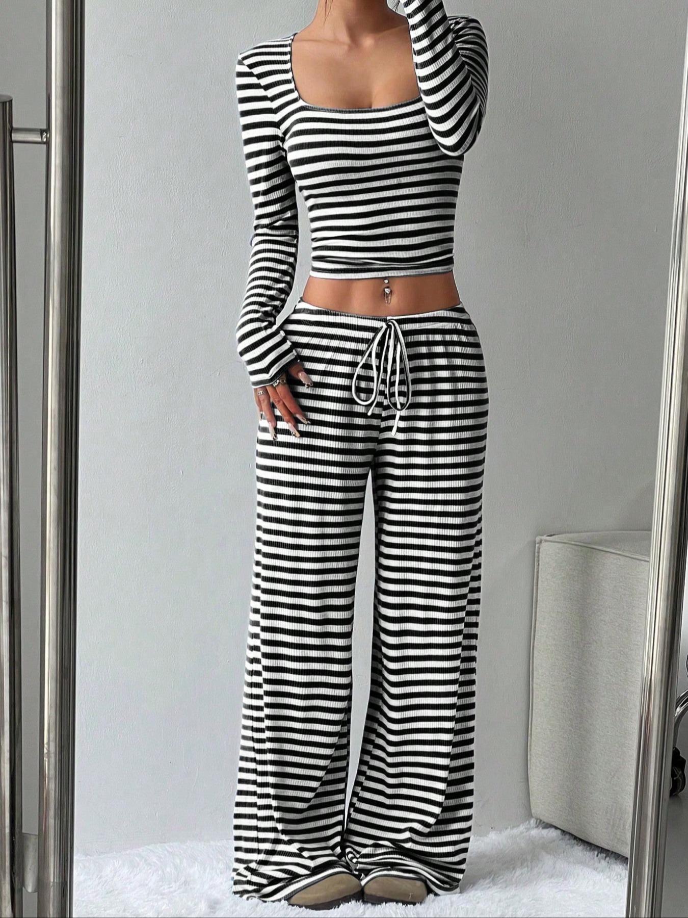 2026 Women's 2 Piece Y2K, Striped Ribbed Knit Long Sleeve Square Neck Crop Top, High Waist Drawstring Wide Leg Pants Loungewear Set