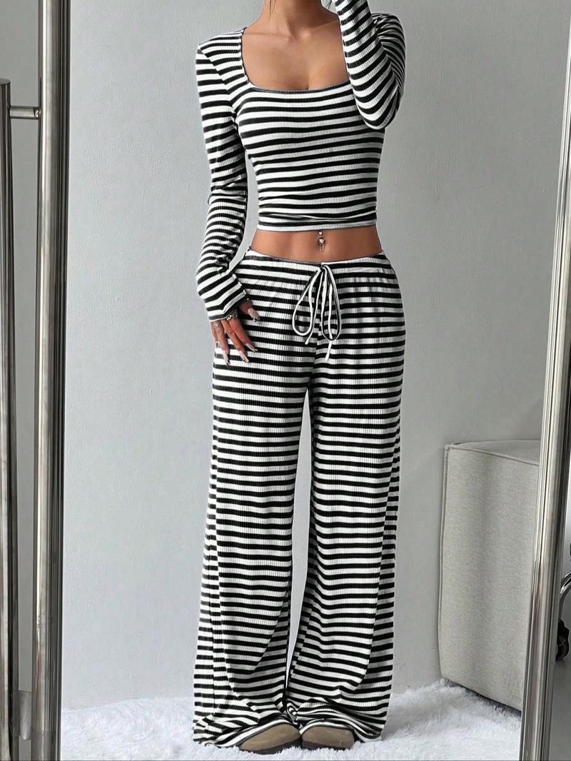 2026 Women's 2 Piece Y2K, Striped Ribbed Knit Long Sleeve Square Neck Crop Top, High Waist Drawstring Wide Leg Pants Loungewear Set