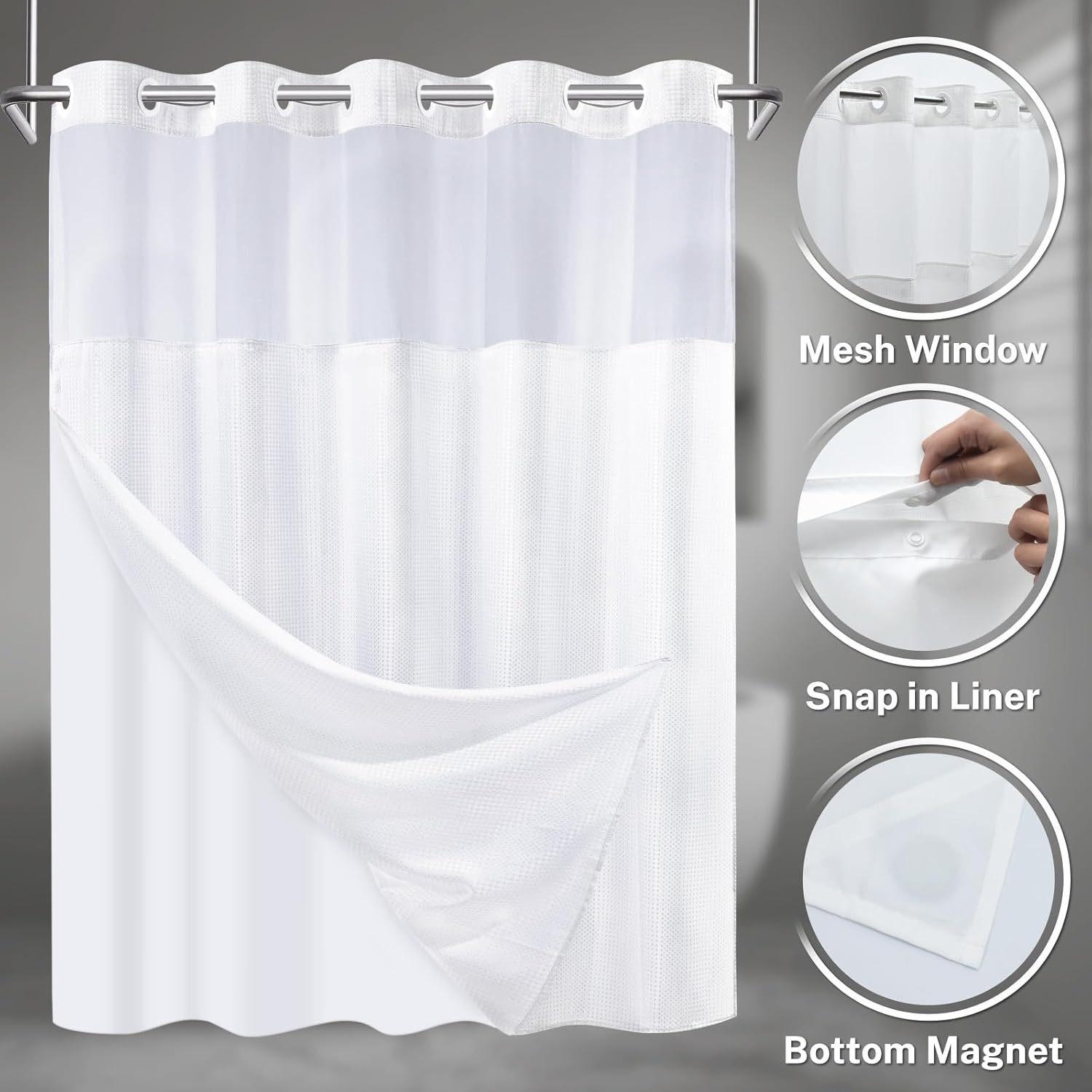 Double Layer Large Ring Waffle Bath Curtain, Waterproof Anti-Mold Shower Divider, Dry Wet Separation, Bathroom Privacy Screen