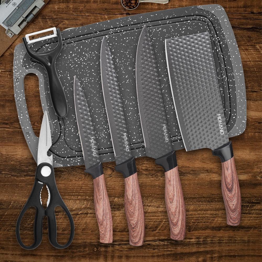 Professional 7pcs Kitchen Knife Set - Chef's Knife, Slicing Knife, Scraper, Scissors and Cutting board - High Carbon Stainless Steel with Ultra-Sharp Blades, Non-Stick Ergonomic Wooden Handles - Ideal for Home, Travel, and Gift Box Set#Summervibes