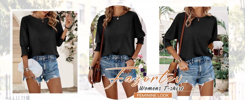 Danedvi Women's 3/4 Sleeve Casual Tops Solid Color Crew Neck Loose Fit Shirts Blouses Shorts Skirts