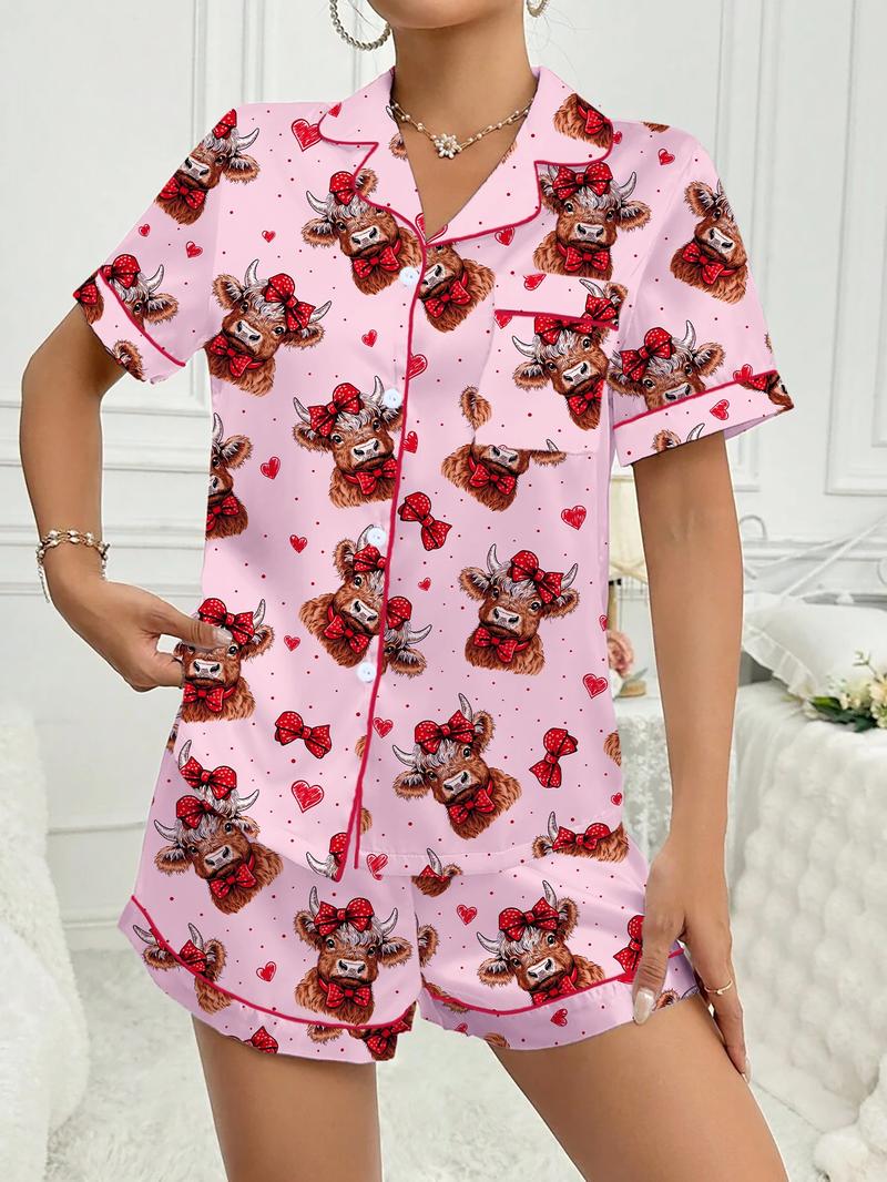 Valentine's Day Women's Sleepwear Set, Comfortable Cute Elastic Highland Cow Milk Cow Pattern Shirt and Pants Two-Piece Suit