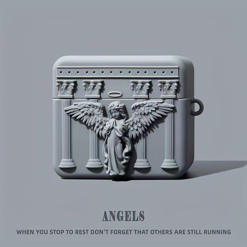 3D Angel Earphone Case, Vintage Roman Column Silicone Protector, Compatible with AirPods 1/2/3/4/pro, Unique Artistic Design