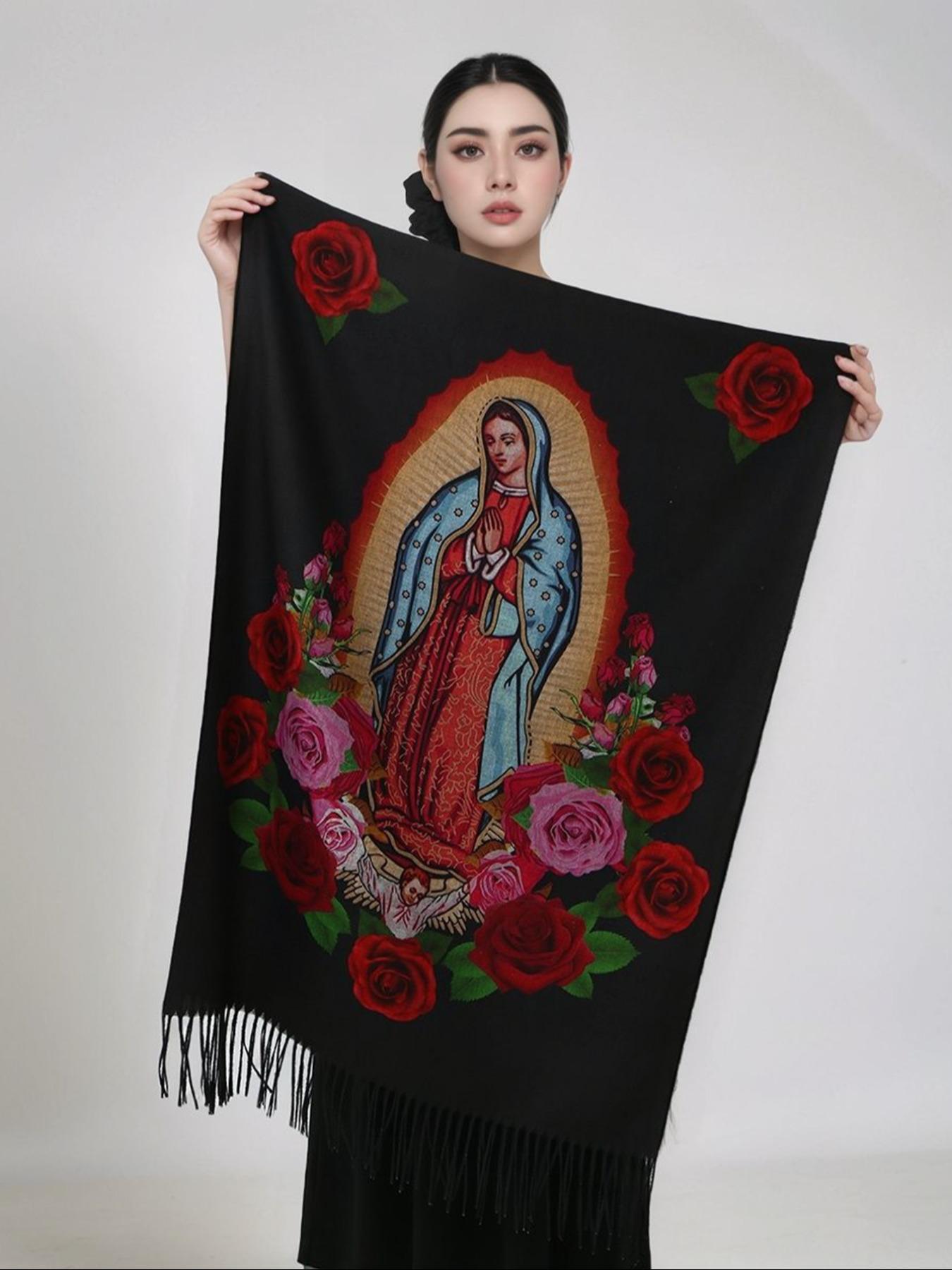 Elegant Printed Polyester Scarf with Tassel Fringe, Shawl Wrap for Women, Windproof & Warm, Perfect for Parties & Gifts, Tassel Decor Shawl