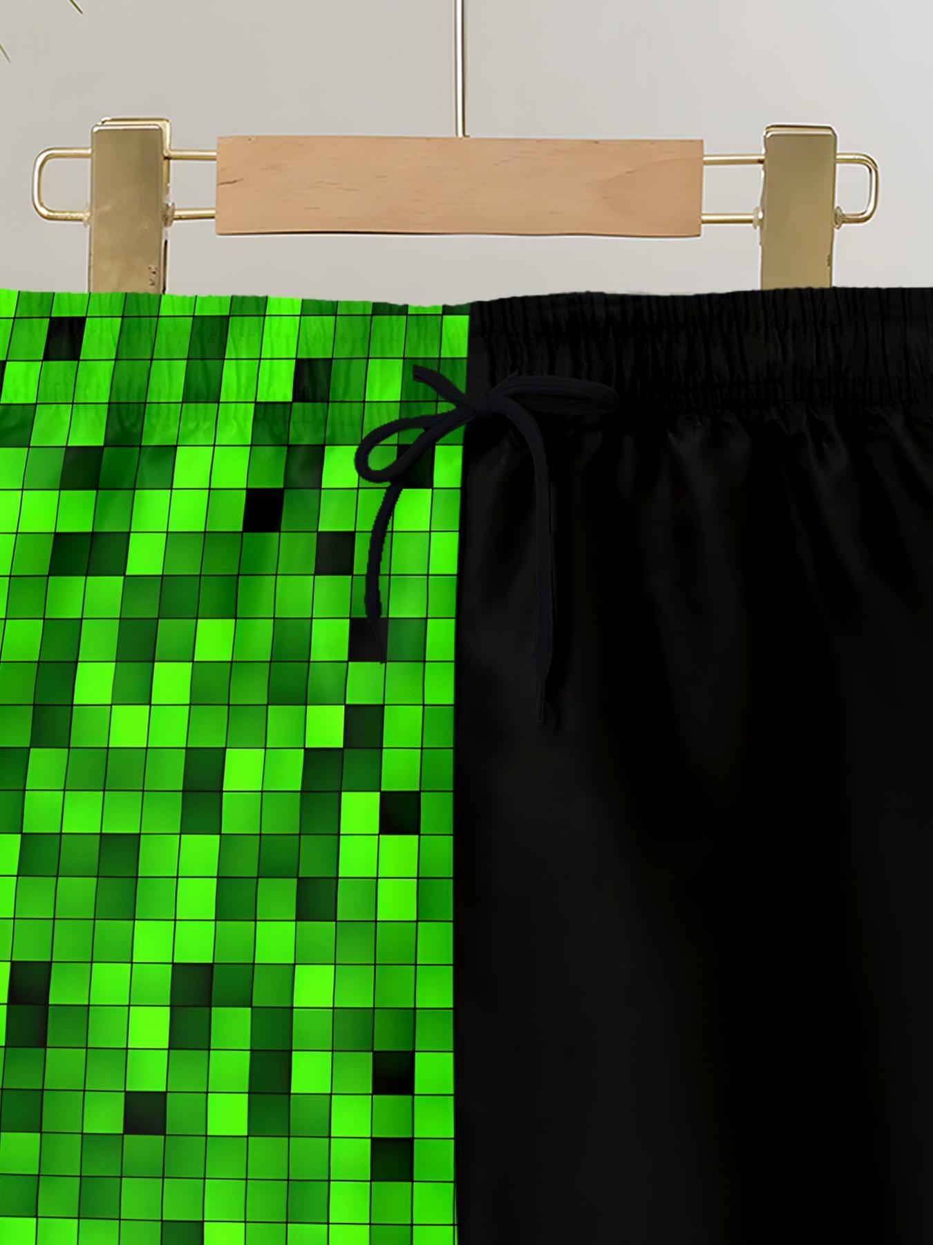 Beach Shorts Pixelated Split Printed, Creeper Design Casual Swimwear, Drawstring Waist Knee Length Fitted Shorts