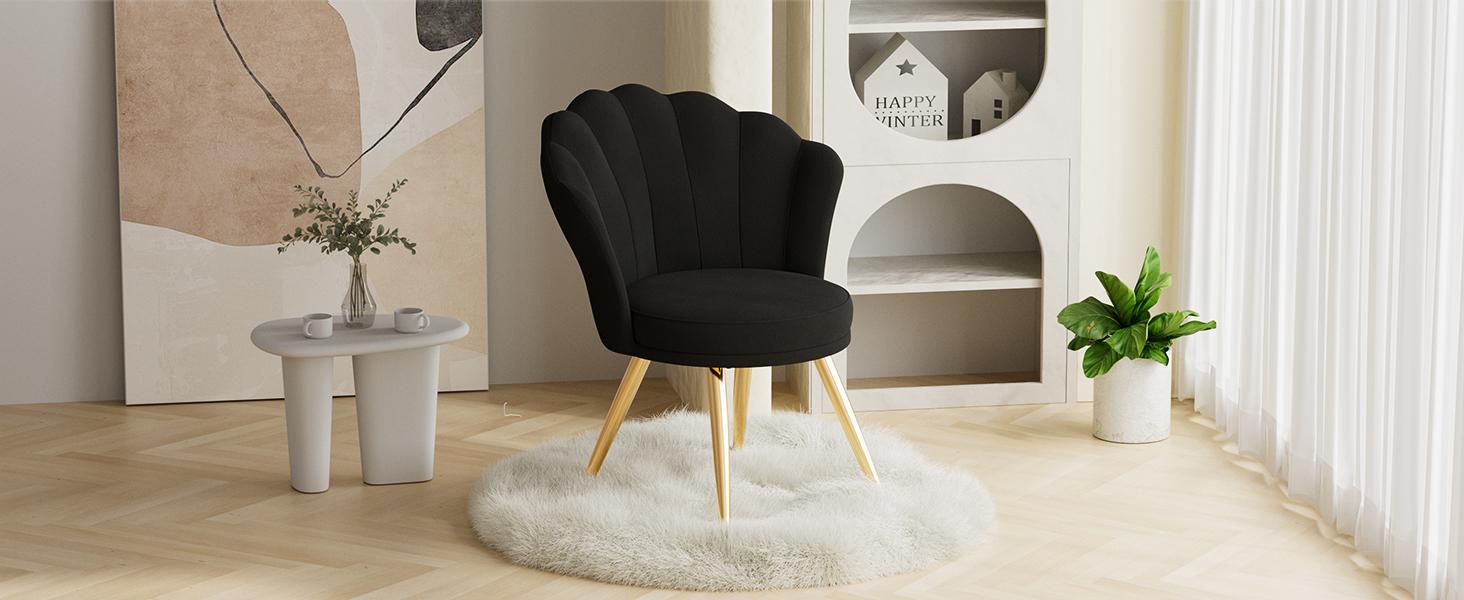 Velvet Accent Chair with Gold Metal Legs, Vanity Chair for Makeup Room, Upholstered Guest Chair for Living Room, for Bedroom, Black