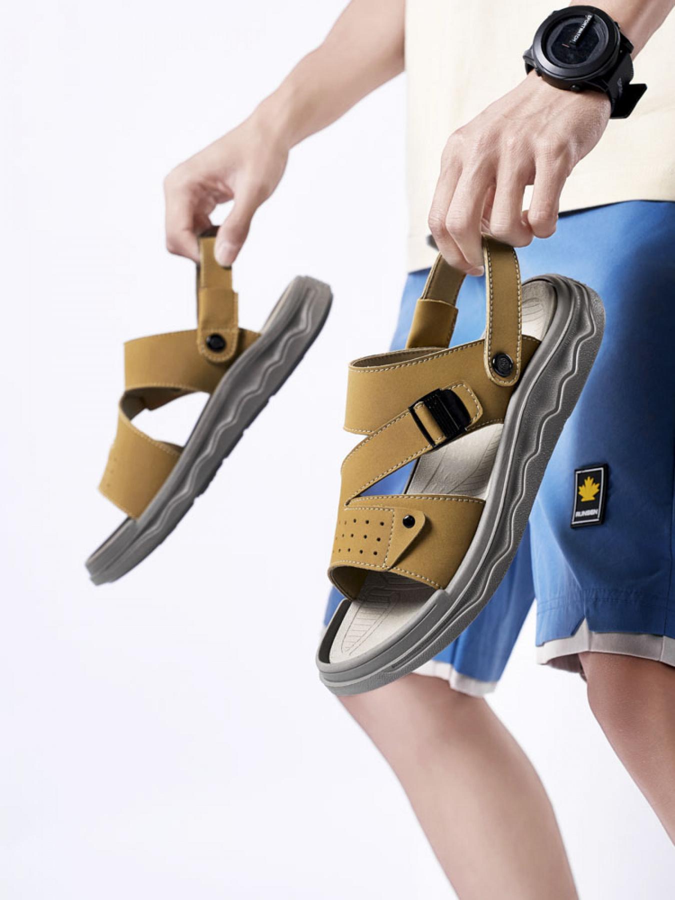 Men's Solid Color Dual-Wear Velcro Sandals Thick-Soled Breathable Beach Shoes Non-Slip Wear-Resistant Outdoor Water-Slippers