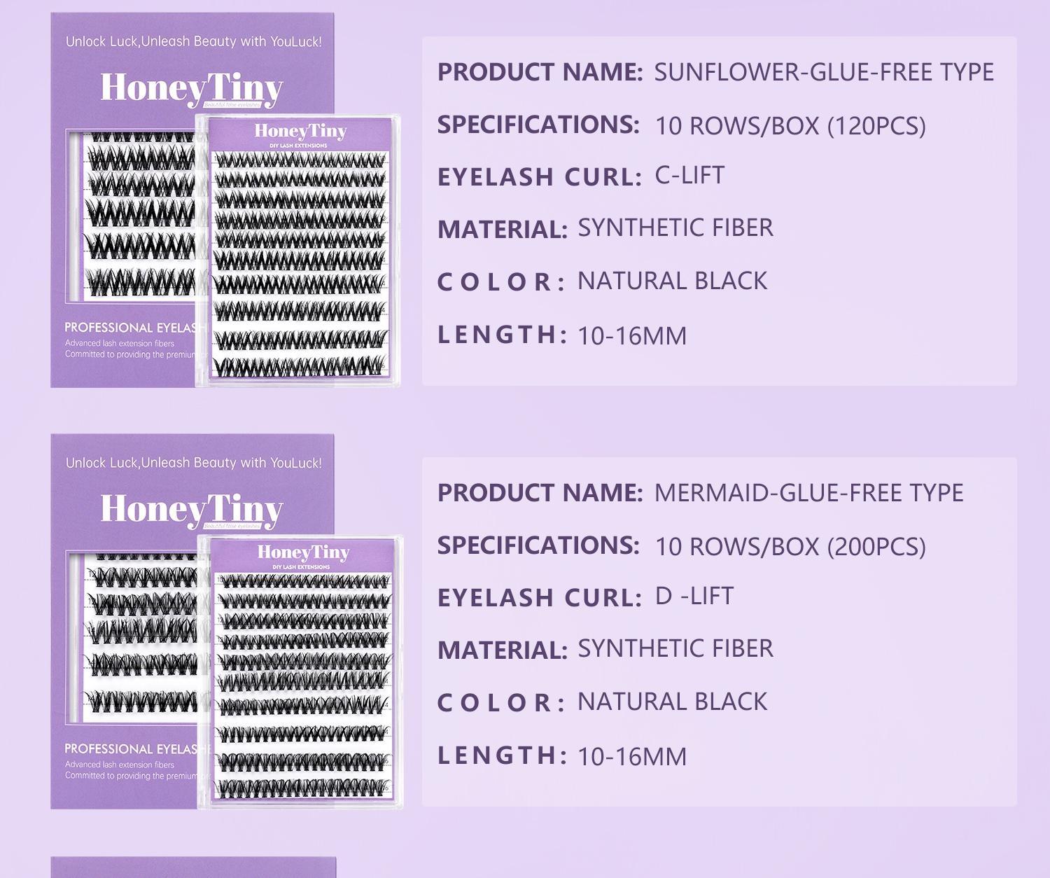 Honeytiny Cluster False Eyelashes, 4 Styles, No Glue Easy Removal, Sizes 10mm-16mm, Lightweight, Secure Fit, Self-Adhesive, Perfect Makeup