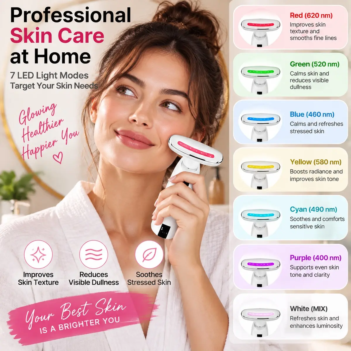 Microcurrent Neck and Face Beauty Device, EMS Massage Wand with 7-Color Light, Vibration and Warming, Rechargeable Type-C Skincare Massager for Adults, All Skin Types, Handheld Facial and Neck Care Tool with ABS and Silicone Body for Home Use