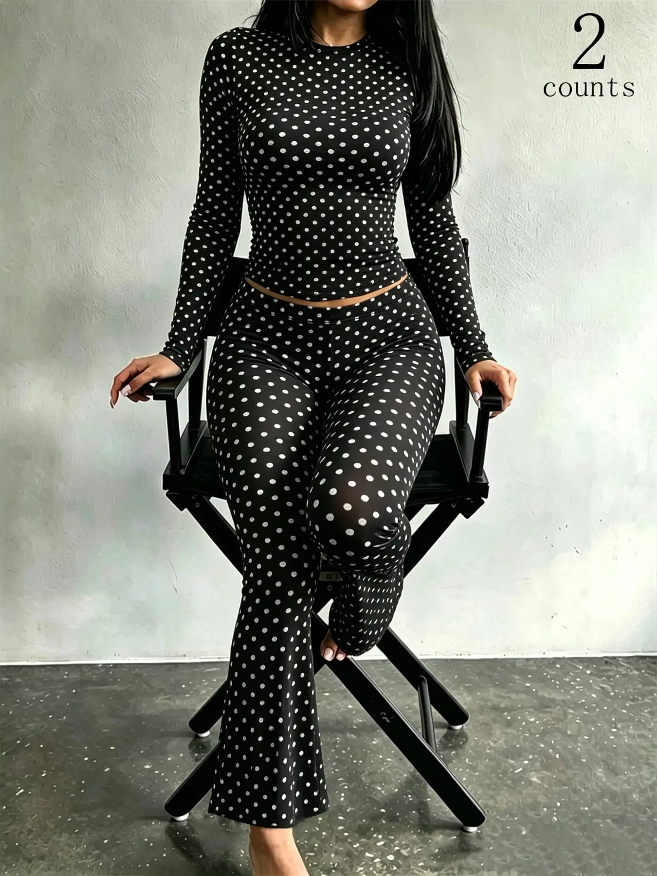 2-Piece Women’s Polka Dot Long-Sleeve Top and Flared Pants Set, High Waist, Stretch Fit