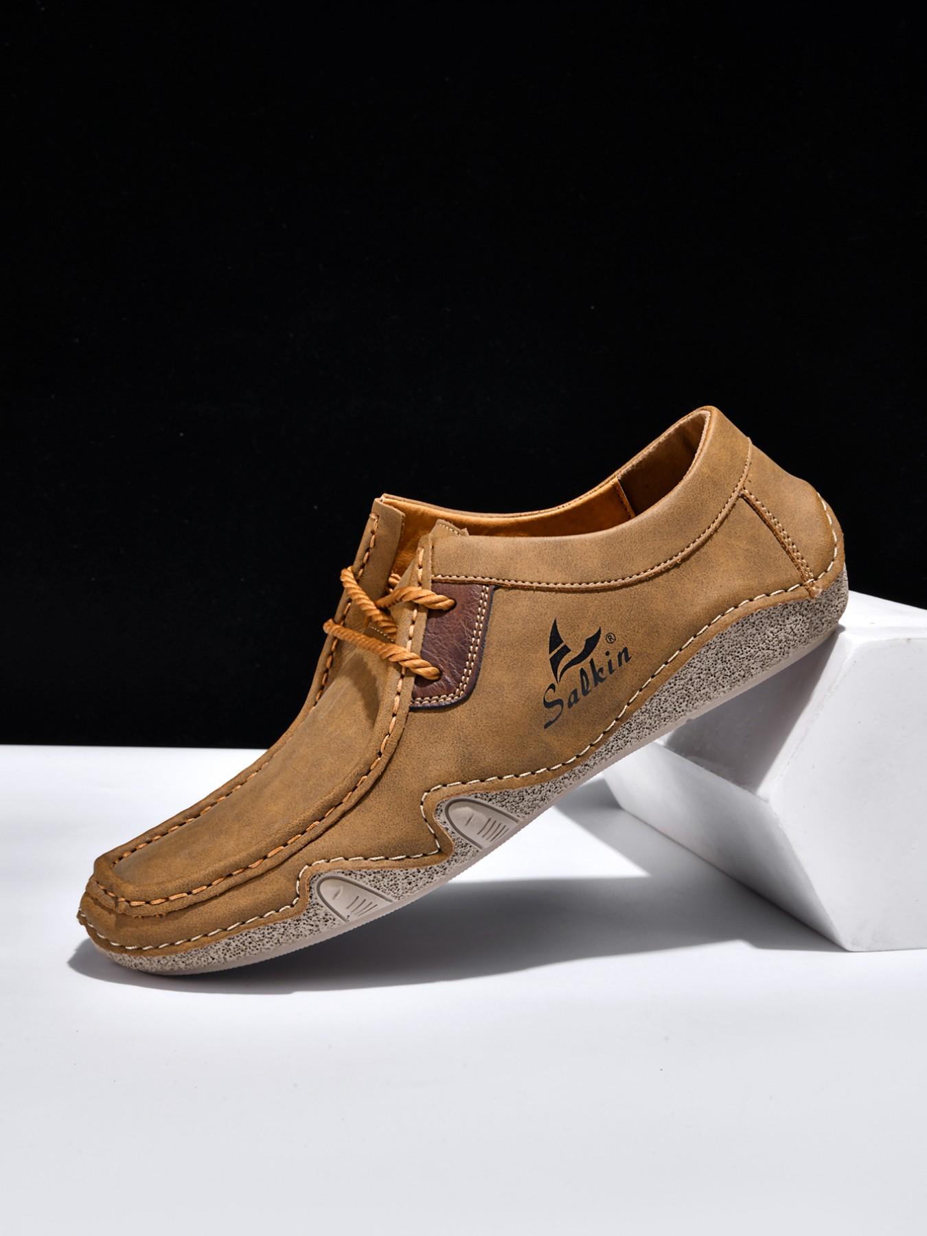 Men's Large Size Hand-Stitched Casual Shoes, Fashion Loafers, Low Top, Vintage Laces, Comfortable Rubber Sole, Outdoor & Office Wear