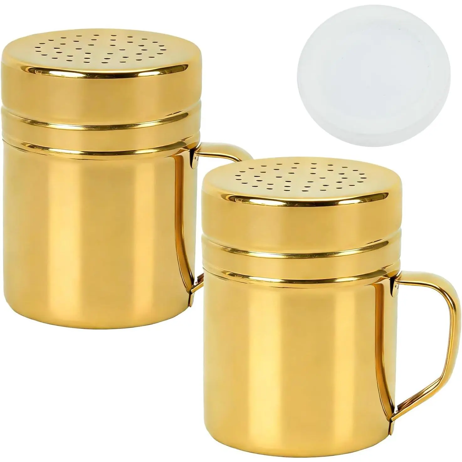 2pcs 10oz Stainless Steel Powder Pepper Sugar Shaker Duster,With Handle-Seasonings Spice Shakers With Large Holes and Lids.Medium Hole Will Work Great for Fine Salt,Flour,Cinnamon,Cheese.Gold