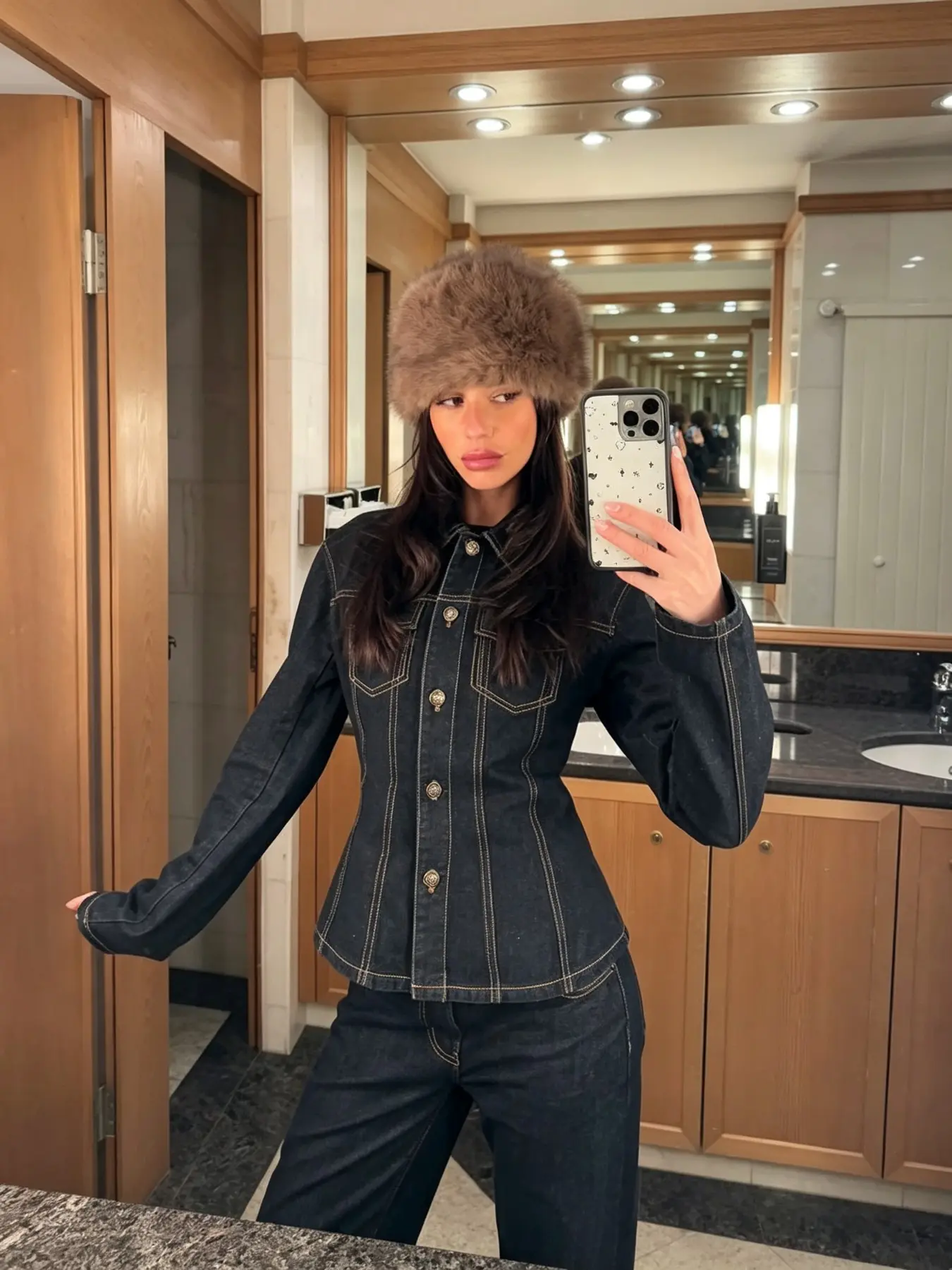 Women's Slim Fit Denim Jacket, Vintage Dark Color Gold Button, Casual Streetwear, Fall Winter, 3/4 Sleeve, Lapel Collar, Loose-Fit