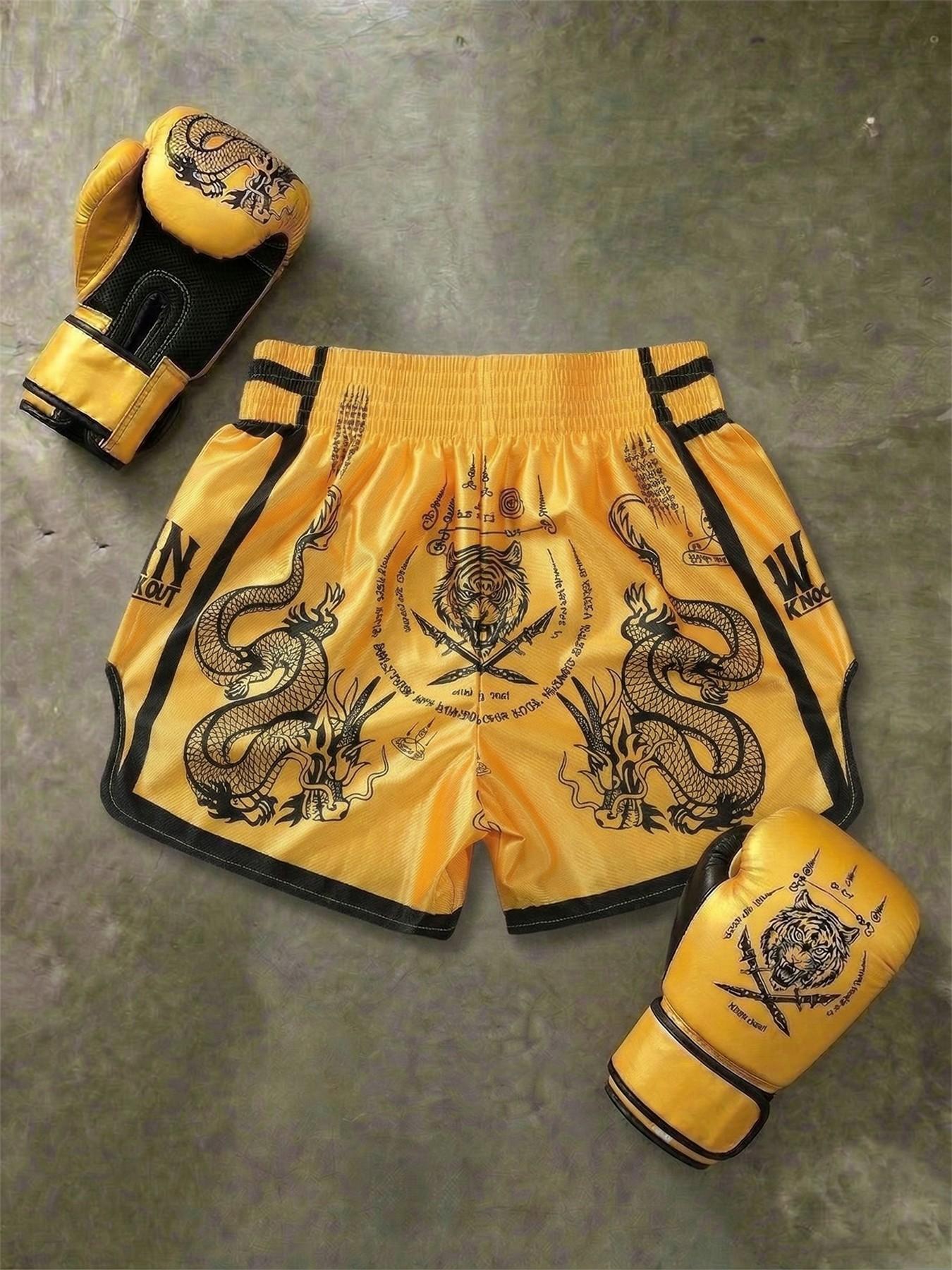 Men's Short Pants Set, Elastic Waist, High Stretch, High-Waisted, Super Short, Glossy Fabric, Dragon Tiger Print, Muay Thai Shorts