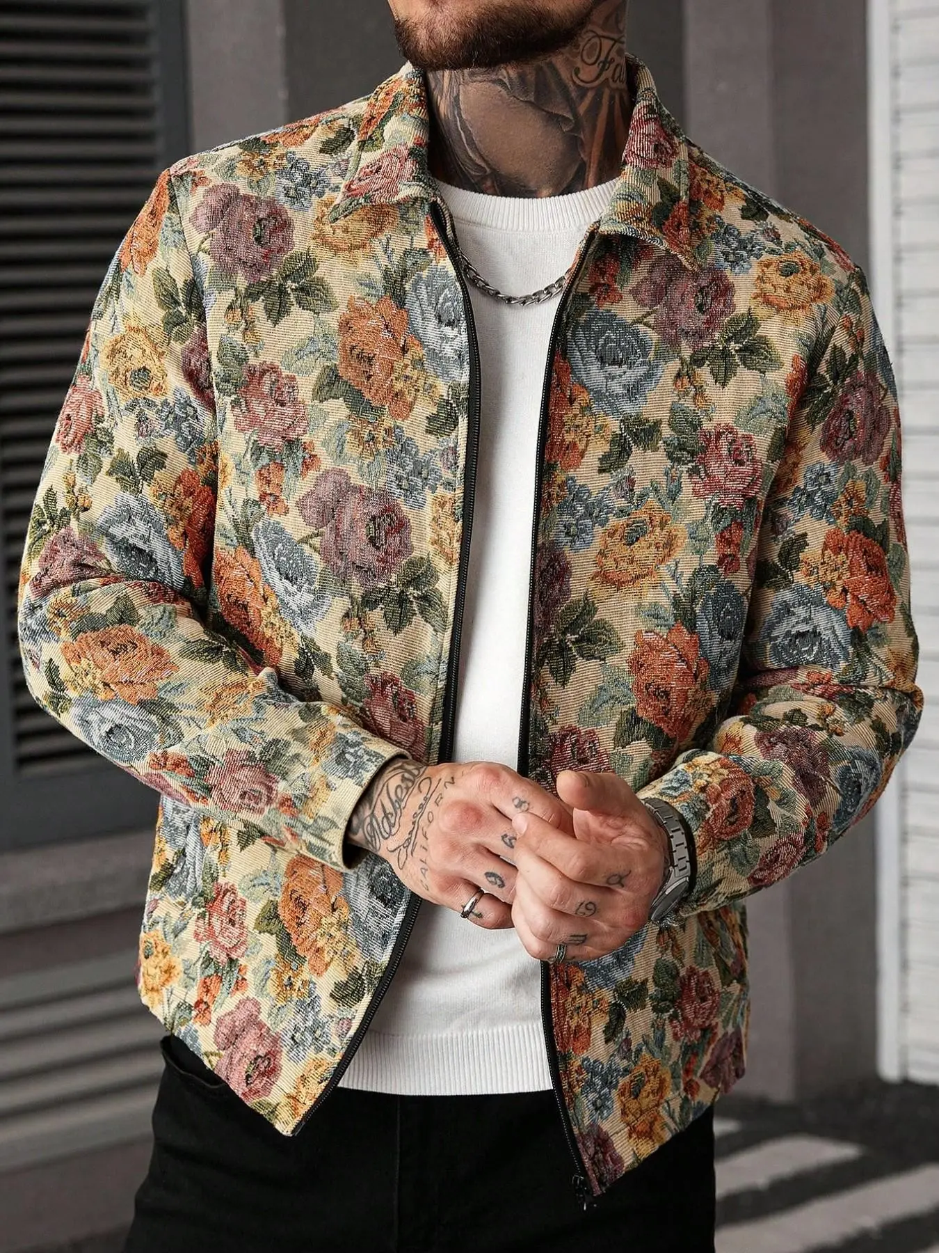 American Vintage Floral Print Casual Loose Jacket for Men, Spring Fall Loose Fit Zipper Outerwear, High Street Trendy Oversized Top