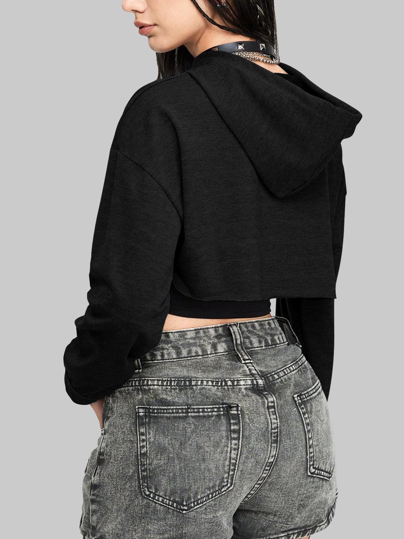 Women's Solid Drawstring Drop Shoulder Crop Hoodie, Casual Long Sleeve Hooded Sweatshirt for Daily Wear, Ladies Clothes for All Seasons, Drawstring Waist Hoodie